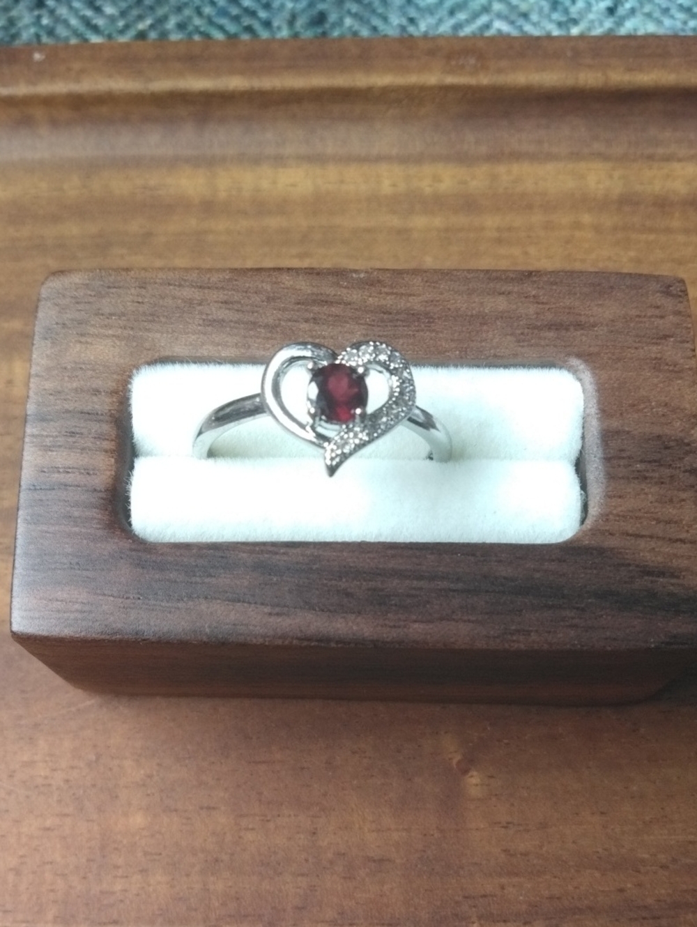 Sterling Silver Heart Ring with Red Garnet and Pavé Accents